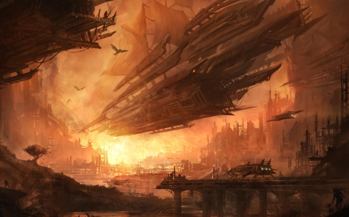 Futuristic Sci-Fi Cityscape with Flying Ships