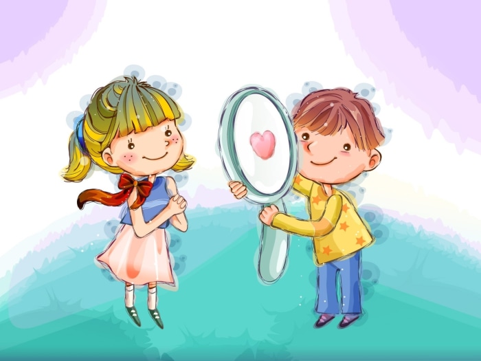 Children looking in a mirror with a heart