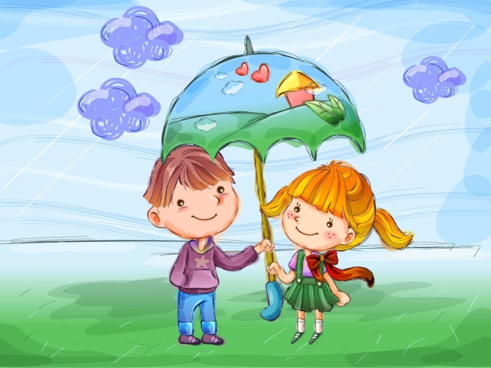 Children sharing an umbrella in the rain