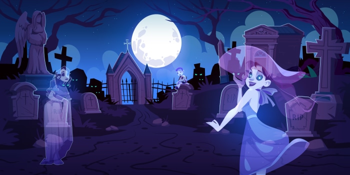 Ghosts in a Cemetery at Night with Full Moon