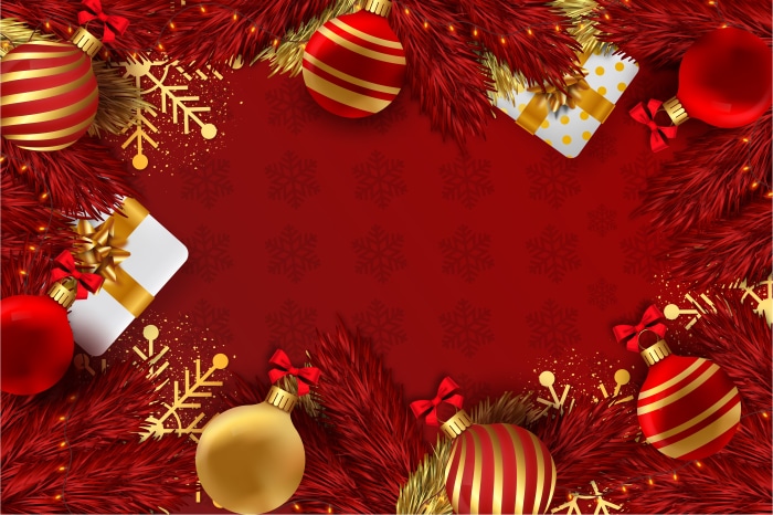 Christmas Ornaments and Gifts on Red Background