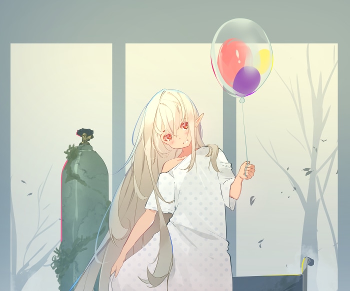 Girl with balloons in hospital room