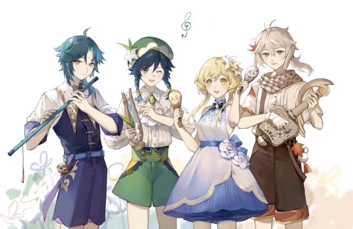 Lumine, Venti, Kazuha, and Xiao from Genshin Impact playing music