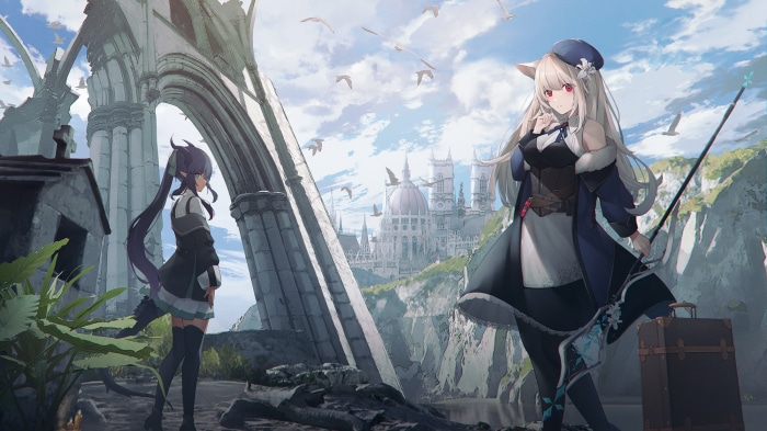 Two girls in fantasy setting with castle