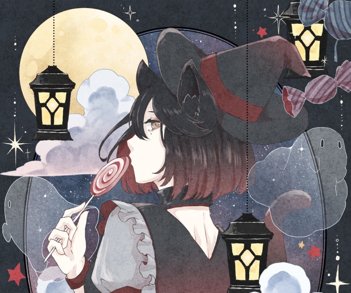 Girl in Witch Hat Eating Lollipop