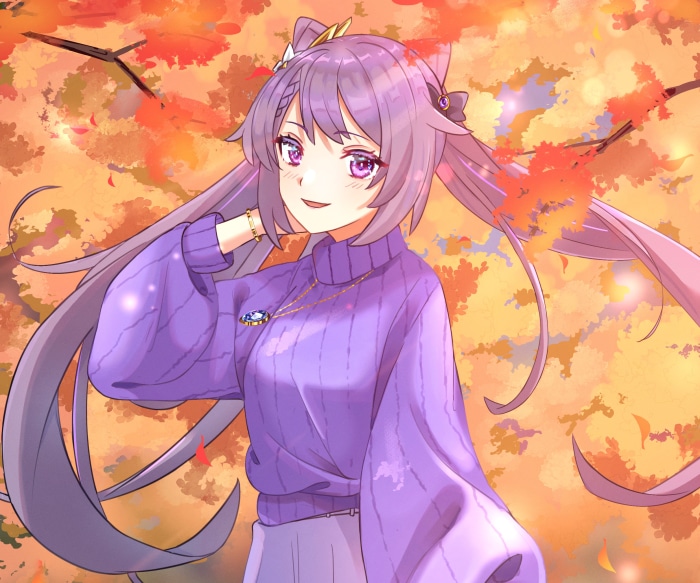 Keqing from Genshin Impact in autumn