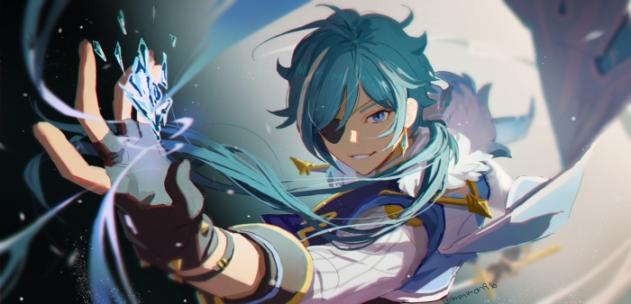 Kaeya from Genshin Impact conjuring ice