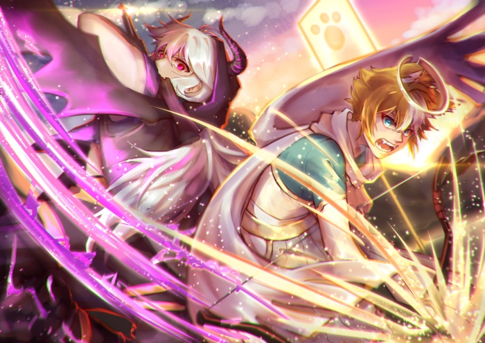 Two anime characters with magical effects