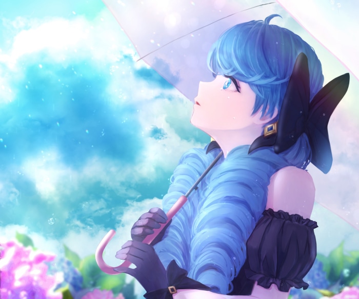 Gwen from League of Legends with blue hair holding an umbrella