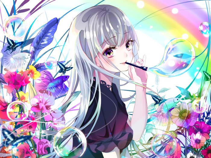 Girl blowing bubbles with rainbow and flowers