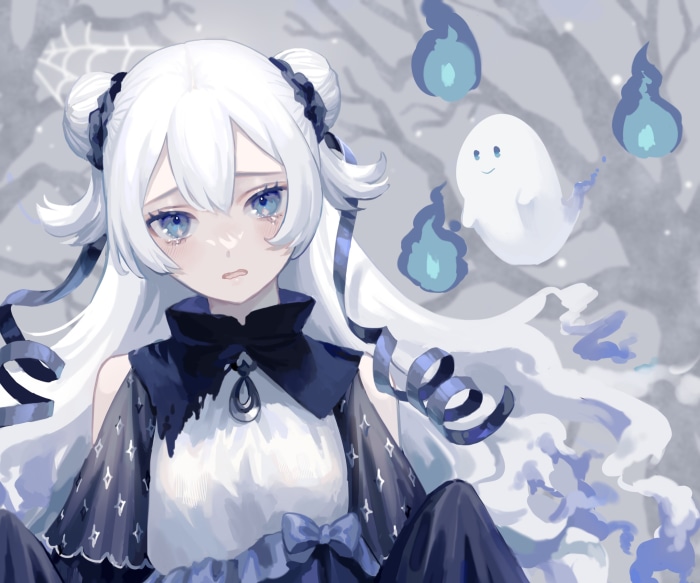 Anime girl with white hair and ghosts