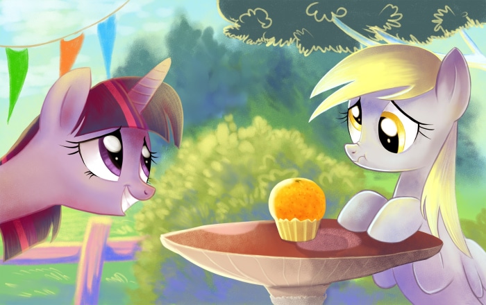 Twilight Sparkle and Derpy Hooves with a cupcake
