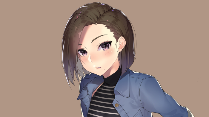 Anime girl with short brown hair and purple eyes
