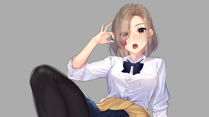 Anime girl in school uniform holding a lollipop