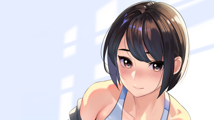 Anime girl with short black hair and bright eyes