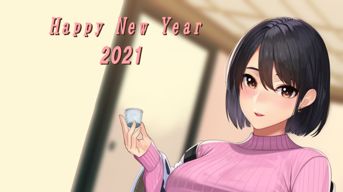 Happy New Year 2021 anime girl with drink