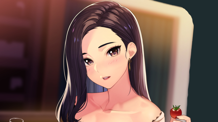 Anime girl with dark hair holding a tomato