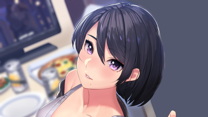 Girl with purple eyes and short black hair
