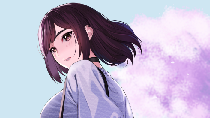 Girl looking over shoulder with purple flowers