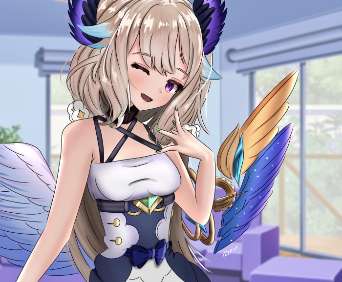 Anime girl with wings winking