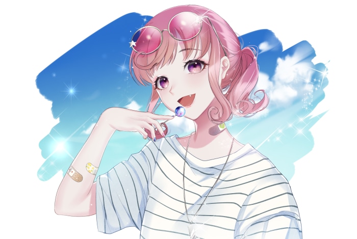Anime girl with pink hair and sunglasses eating lollipop