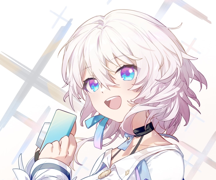 March 7th from Honkai: Star Rail holding a card