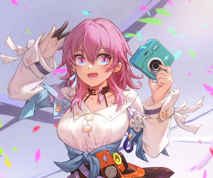 March 7th from Honkai: Star Rail holding a camera