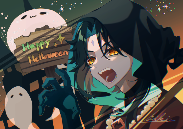 Xiao from Genshin Impact celebrating Happy Halloween