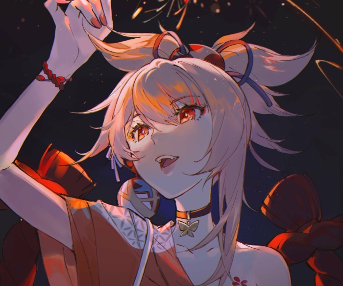 Yoimiya from Genshin Impact with fireworks