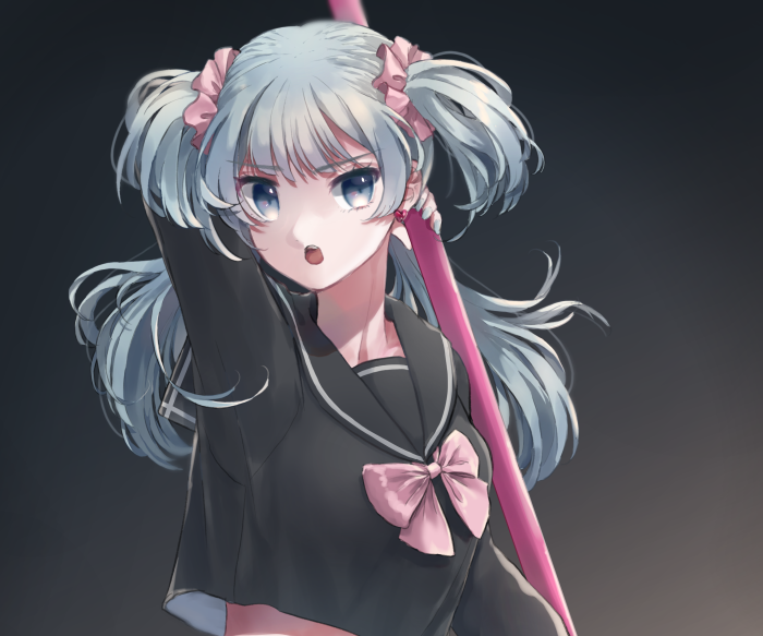 Girl with blue hair in school uniform holding a pink staff