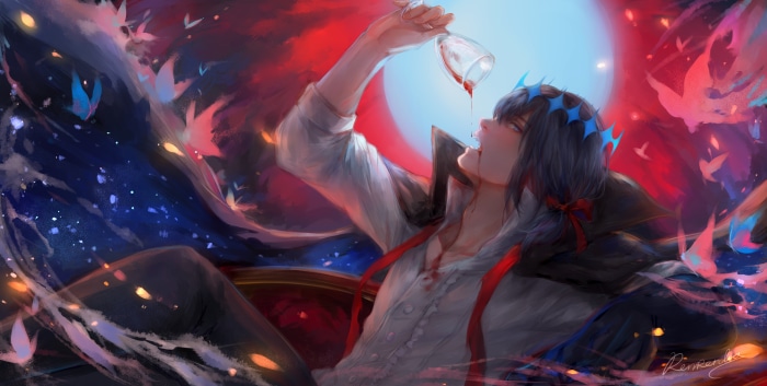Oberon from Fate/Grand Order drinking from a glass