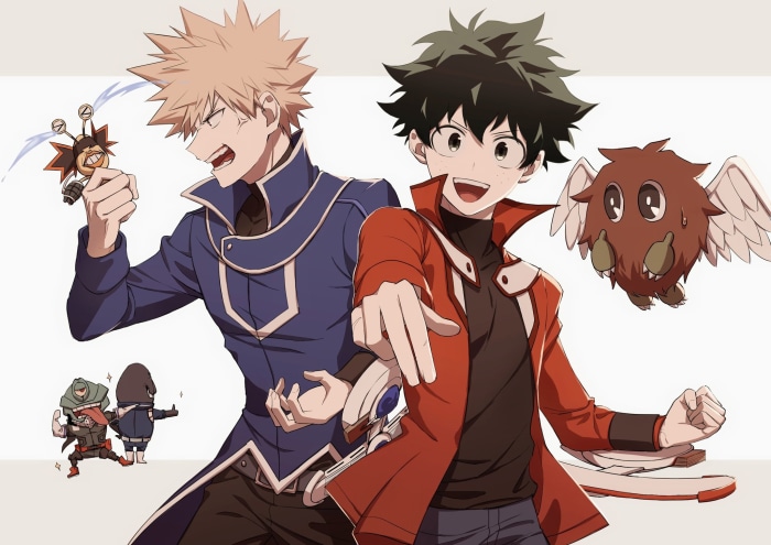 Izuku Midoriya and Katsuki Bakugou with Yu-Gi-Oh! monsters