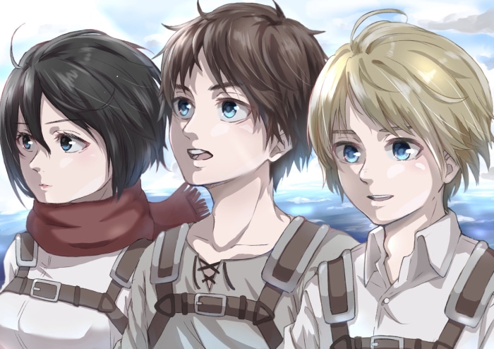 Eren Yeager, Mikasa Ackerman, and Armin Arlert from Attack on Titan