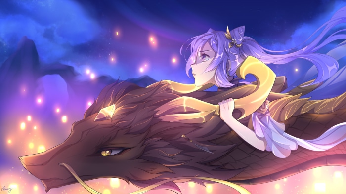 Keqing riding a dragon in Genshin Impact