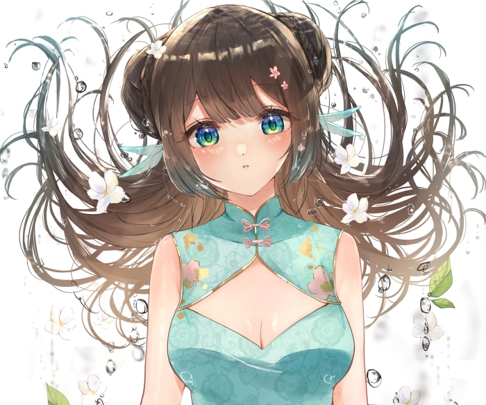 Girl with brown hair in a blue dress
