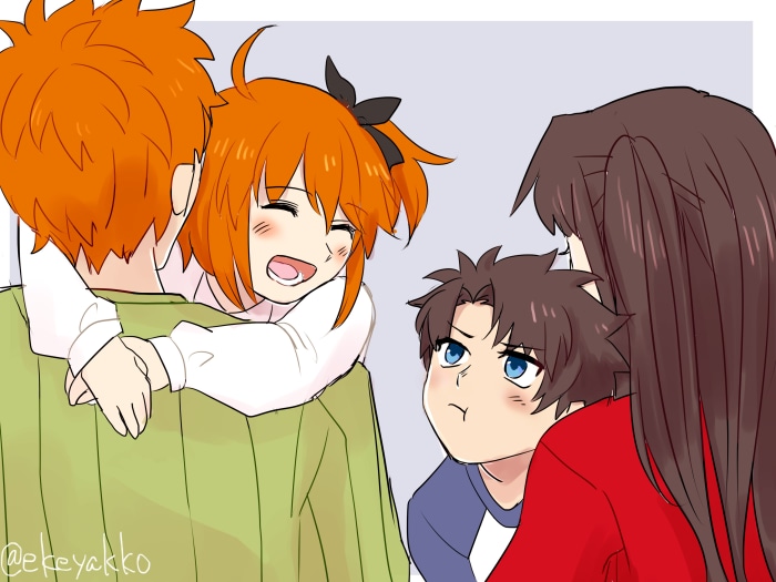 Gudako hugging Shirou Emiya, Rin Tohsaka and Ritsuka Fujimaru
