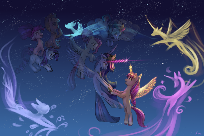 My Little Pony characters in a starry night sky