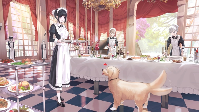 Maids and a dog in a grand dining hall