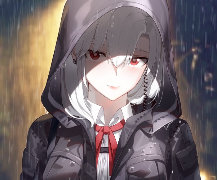 Girl with red eyes in the rain