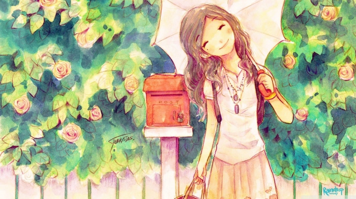 Girl with umbrella and mailbox