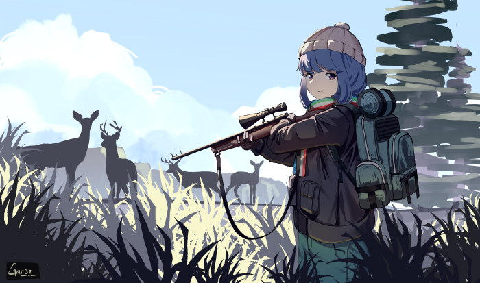Rin Shima from Laid-Back Camp hunting with a rifle