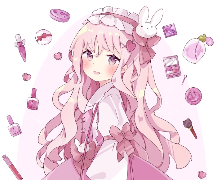 Girl with pink hair and makeup items