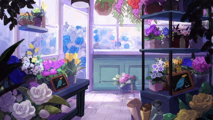Flower shop interior with various flowers