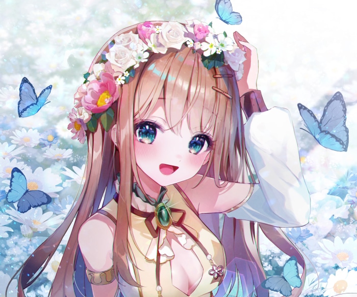 Anime girl with flower wreath and butterflies