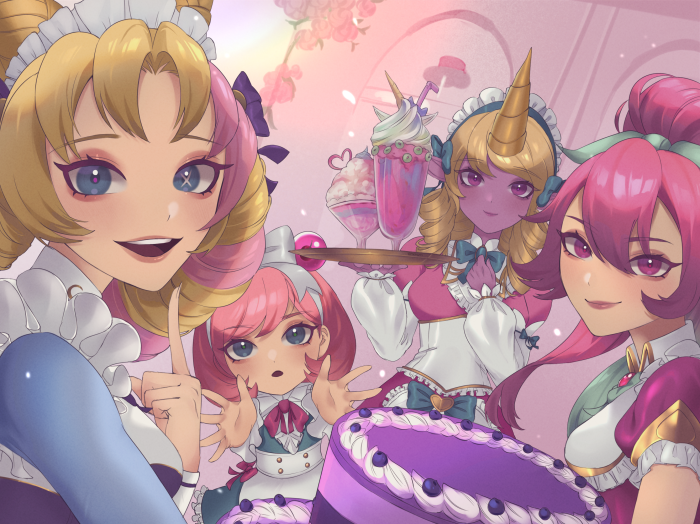 League of Legends Maid Cafe Girls with Cake and Drinks