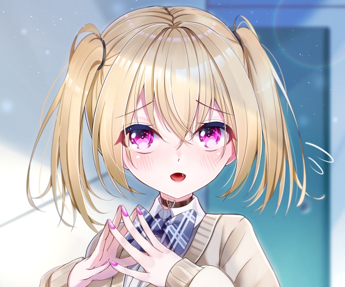 Anime girl with blonde pigtails and pink eyes