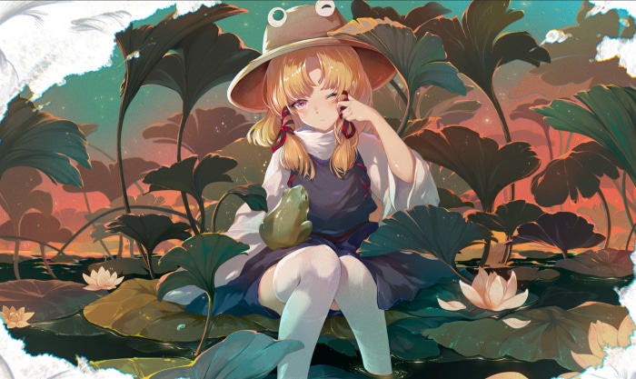 Suwako Moriya from Touhou sitting in a lotus pond with a frog