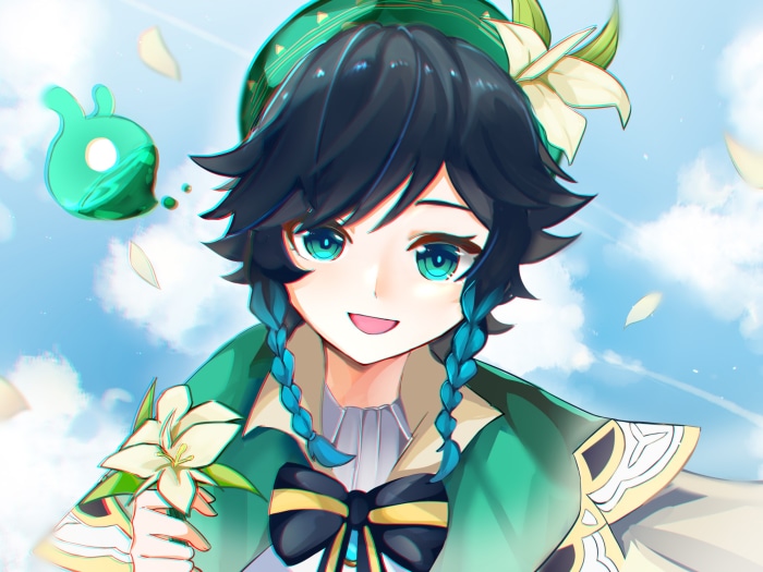 Venti from Genshin Impact with a flower