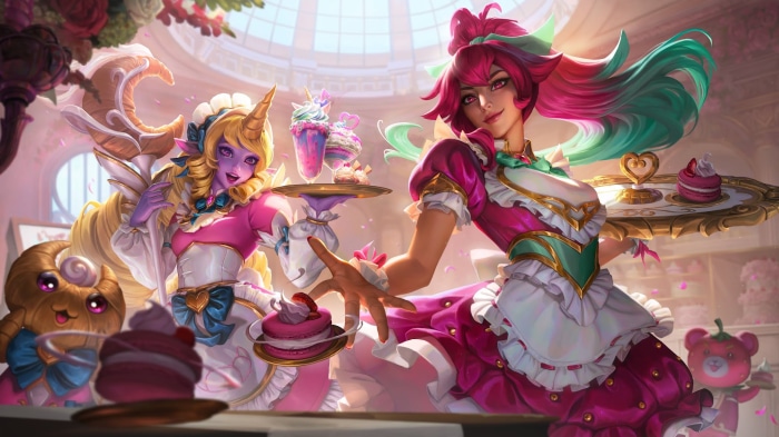 Soraka and Sivir from League of Legends as maids serving sweets