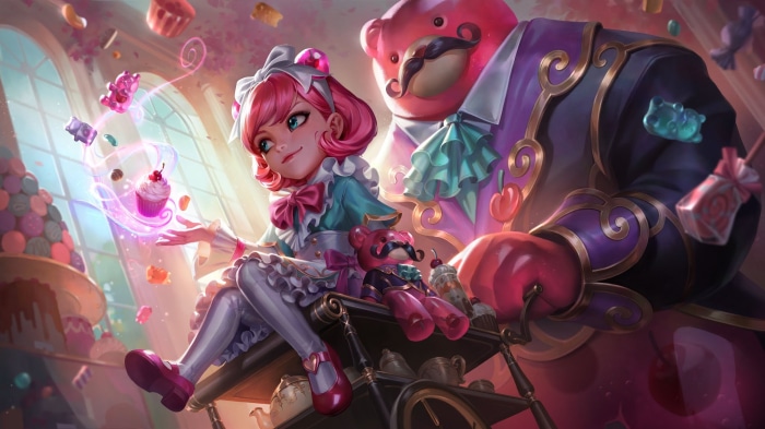 Annie and Tibbers from League of Legends in a candy shop